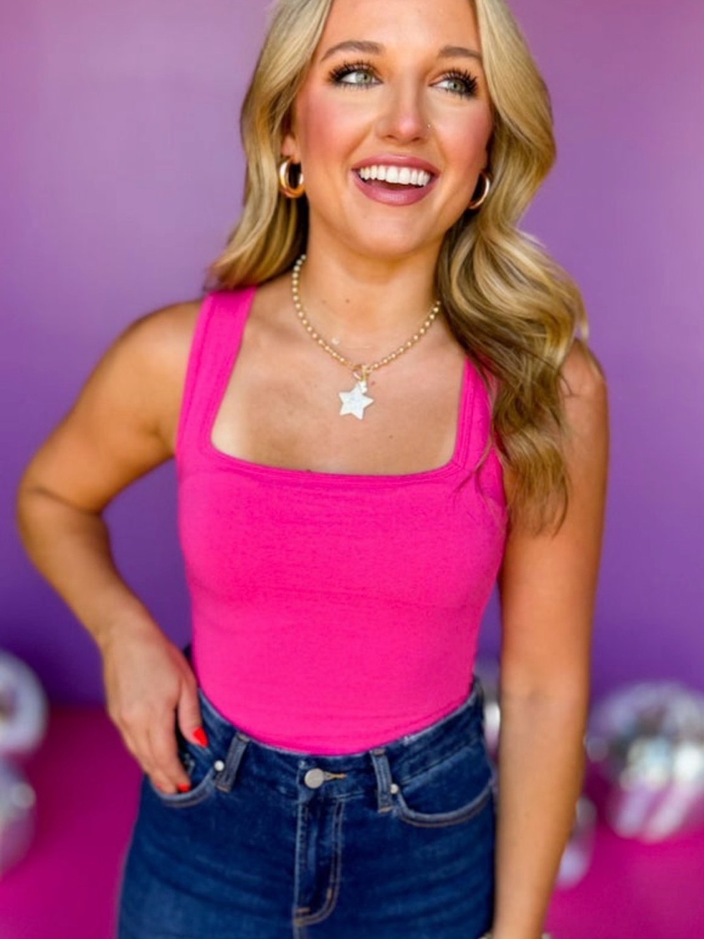 Zenana Hot Pink Square Neck Crop Tank Top - Women's Casual Tank